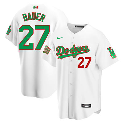 Men's Los Angeles Dodgers #27 Trevor Bauer White Green MLB Mexico 2020 World Series Stitched Jersey Men's Los Angeles Dodgers #27 Trevor Bauer White Green MLB Mexico 2020 World Series Stitched Jersey